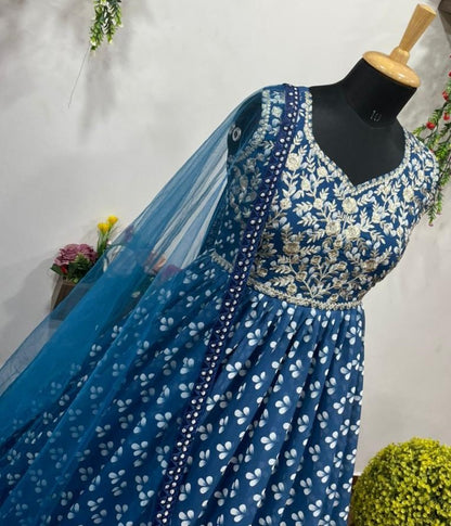Blue georgette printed and embroidered gown