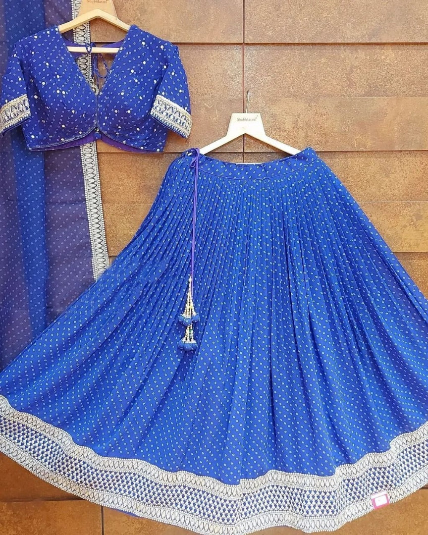 Blue georgette printed and embroidered lehenga choli