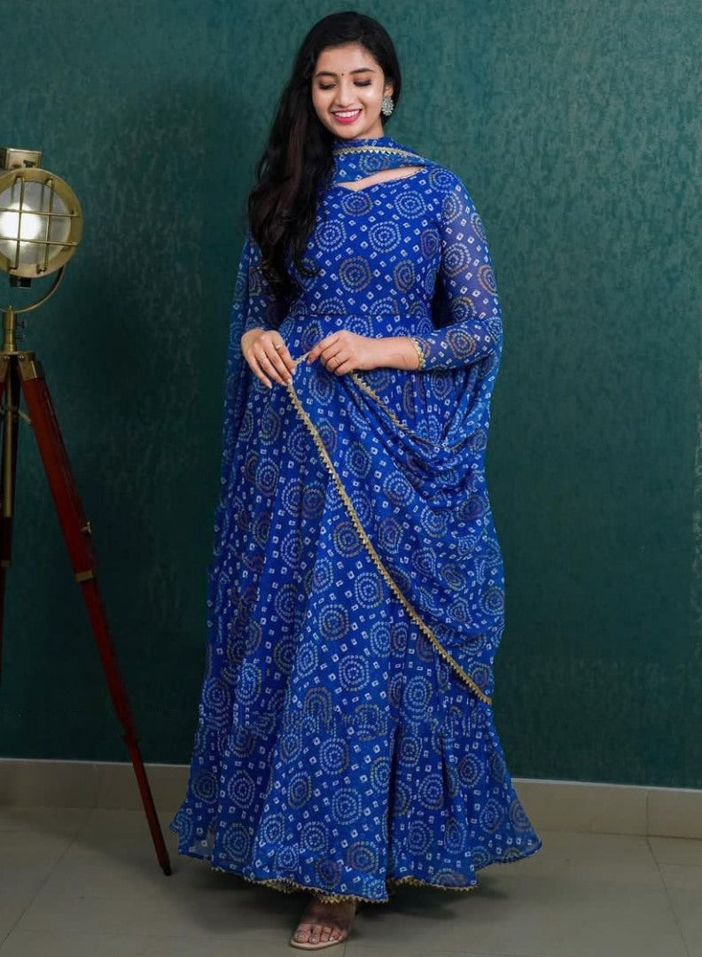 Blue georgette printed casual wear anarkali suit
