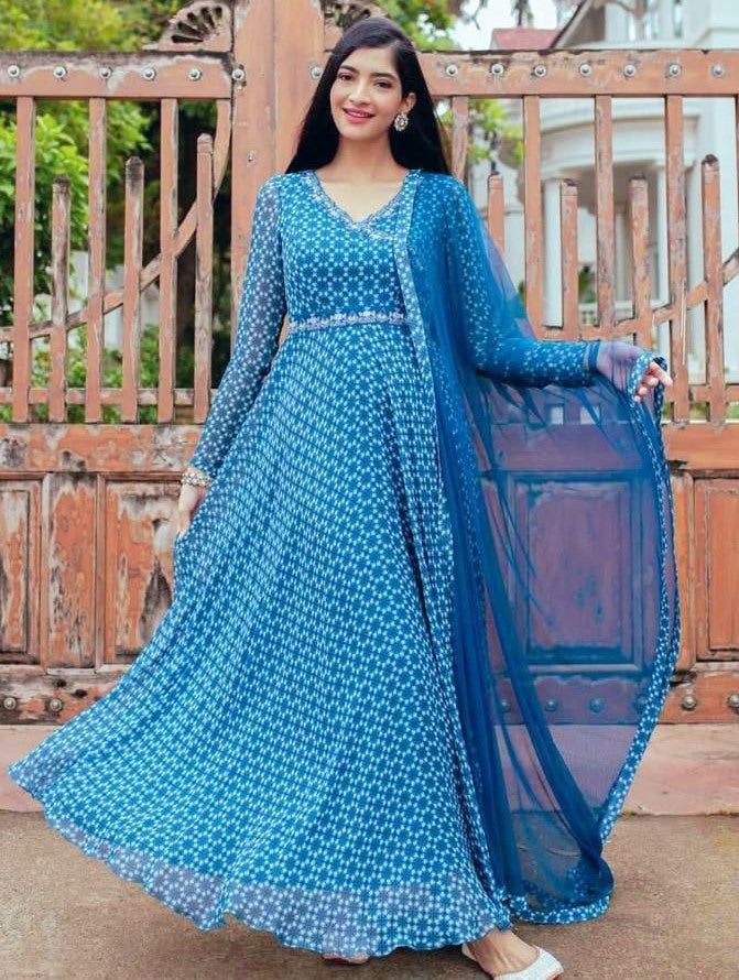 Blue georgette printed gown