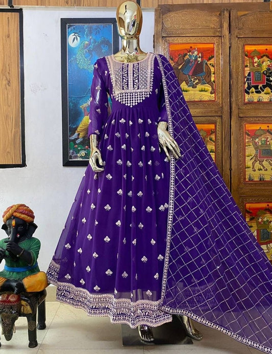 Blue georgette sequence foil mirror work gown