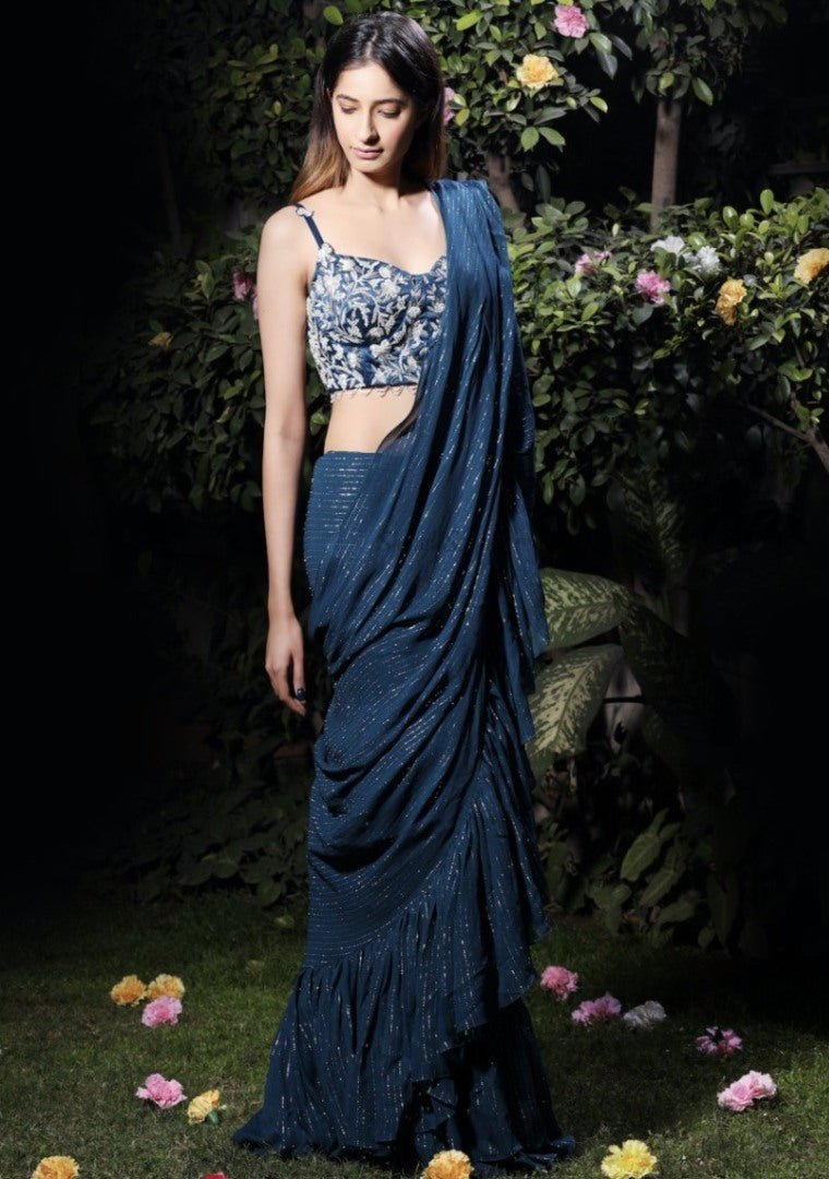 Blue georgette sequence work partywear saree