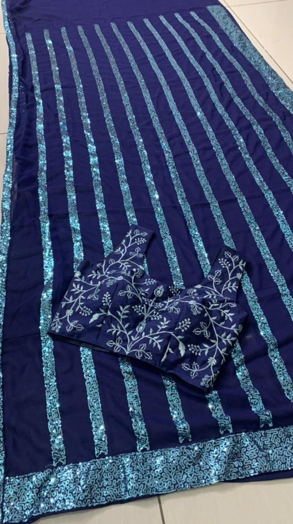 Blue georgette sequence worked saree