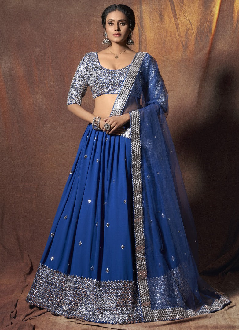 Blue georgette soft net zari & mirror work traditional lehenga choli