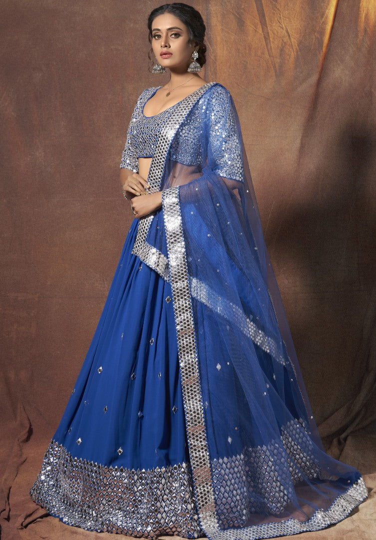Blue georgette soft net zari & mirror work traditional lehenga choli