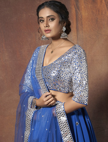 Blue georgette soft net zari & mirror work traditional lehenga choli