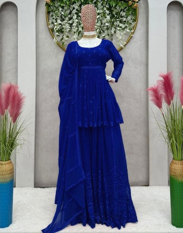 Blue georgette thread embroidery work sara ali designer palazzo suit
