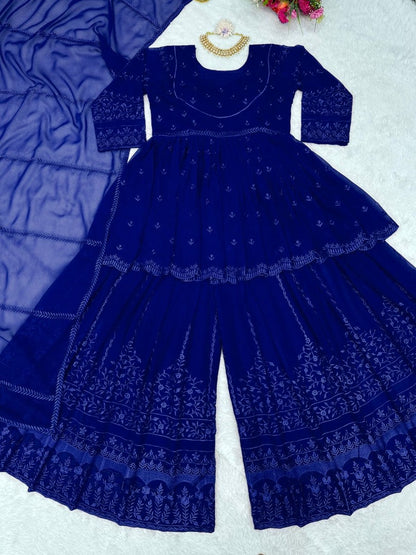 Blue georgette thread embroidery work sara ali designer palazzo suit