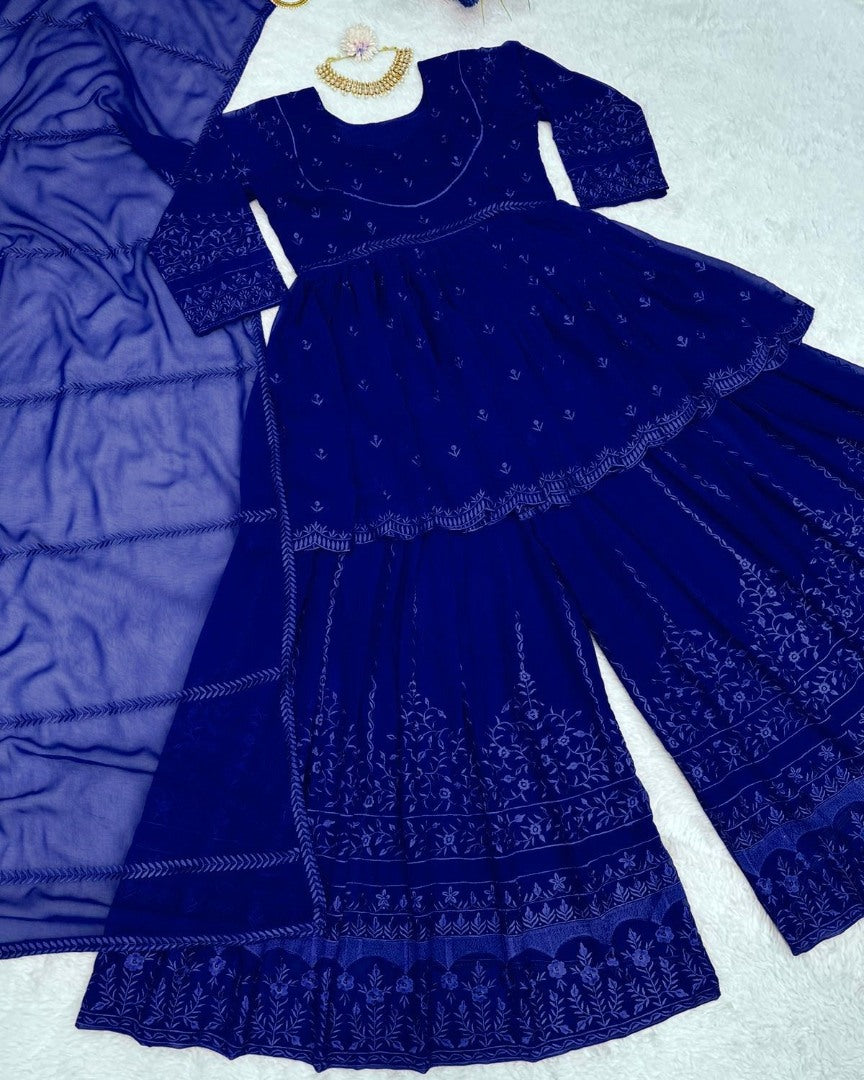 Blue georgette thread embroidery work sara ali designer palazzo suit
