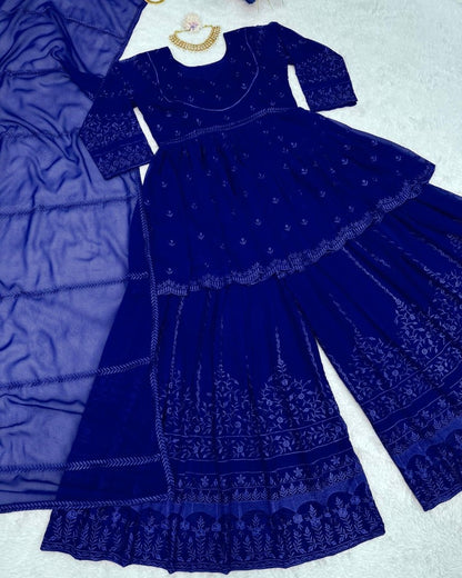 Blue georgette thread embroidery work sara ali designer palazzo suit