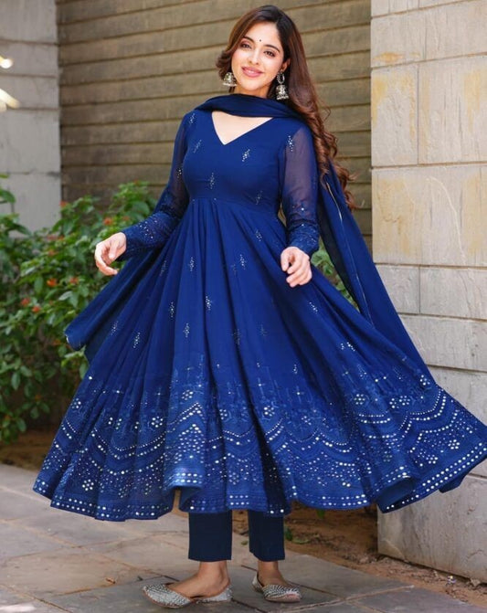 Blue georgette thread sequence work party wear anarkali suit