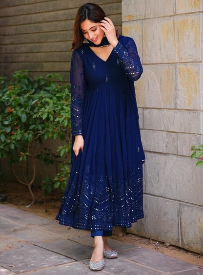Blue georgette thread sequence work party wear anarkali suit