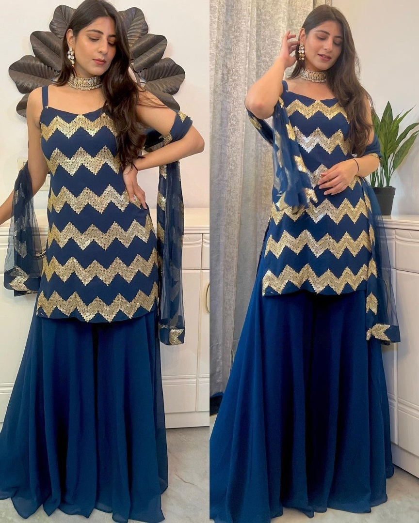 Blue georgette thread sequence work sharara suit
