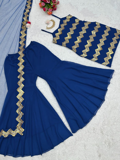 Blue georgette thread sequence work sharara suit