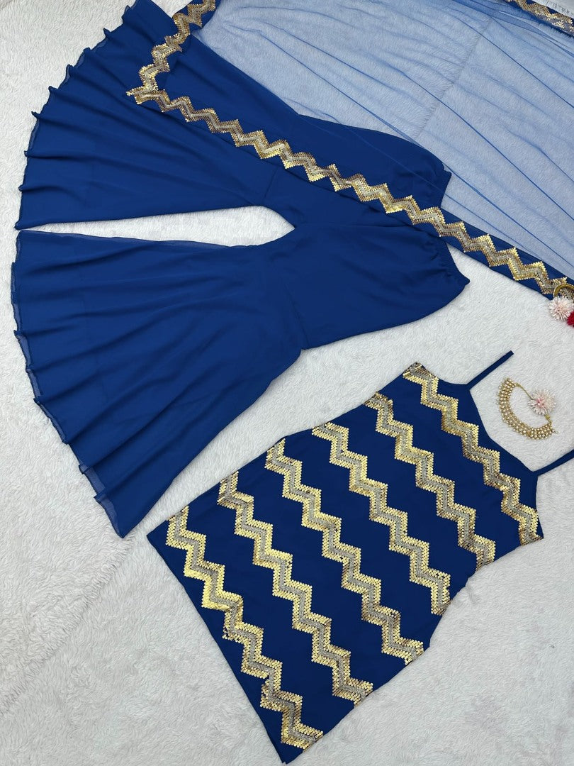 Blue georgette thread sequence work sharara suit