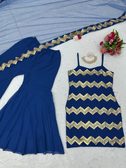 Blue georgette thread sequence work sharara suit