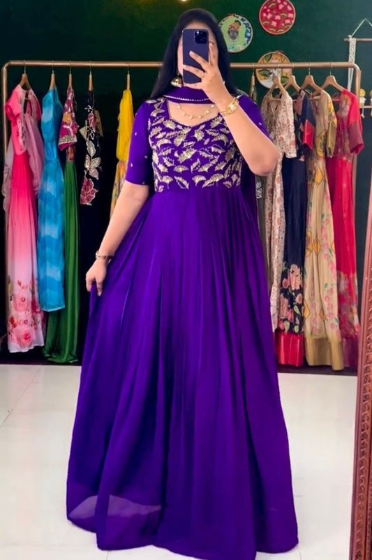 Blue georgette thread work anarkali suit