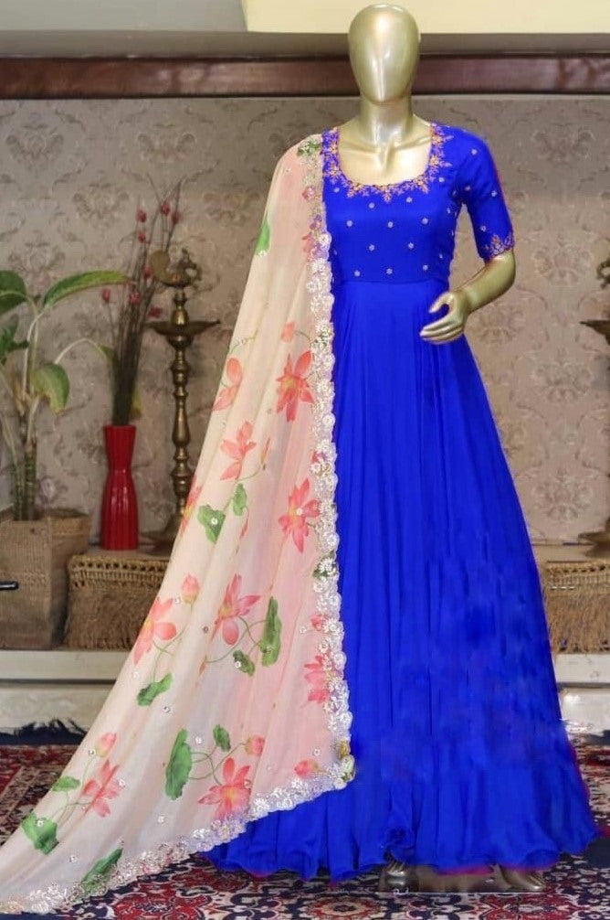 Blue georgette unbrella flair long gown with printed dupatta