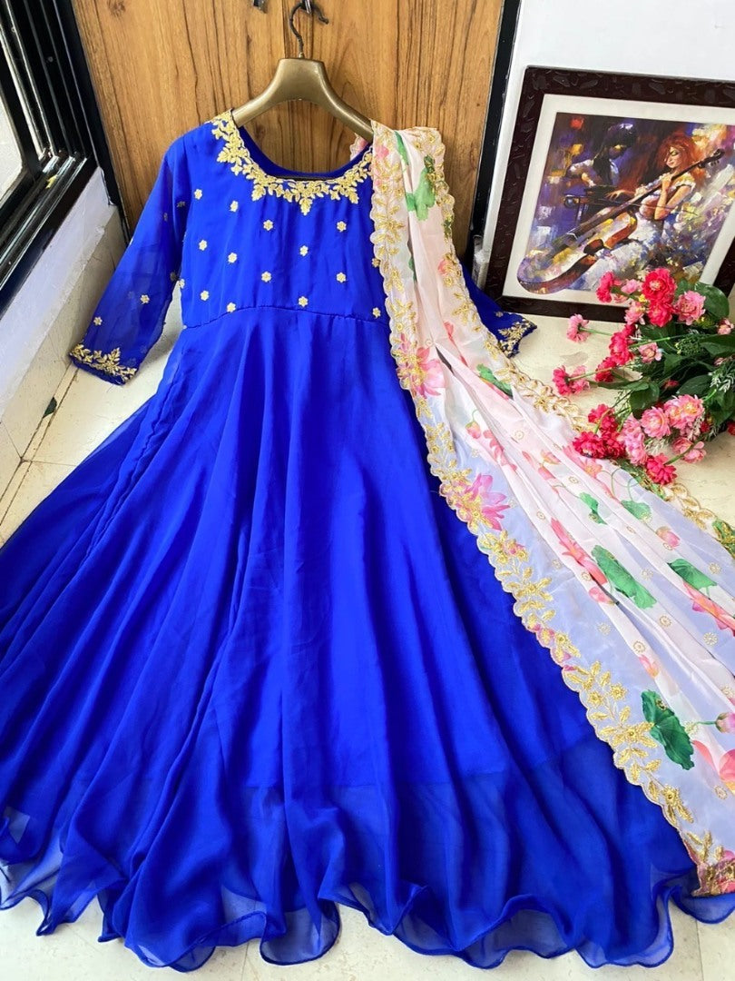 Blue georgette unbrella flair long gown with printed dupatta