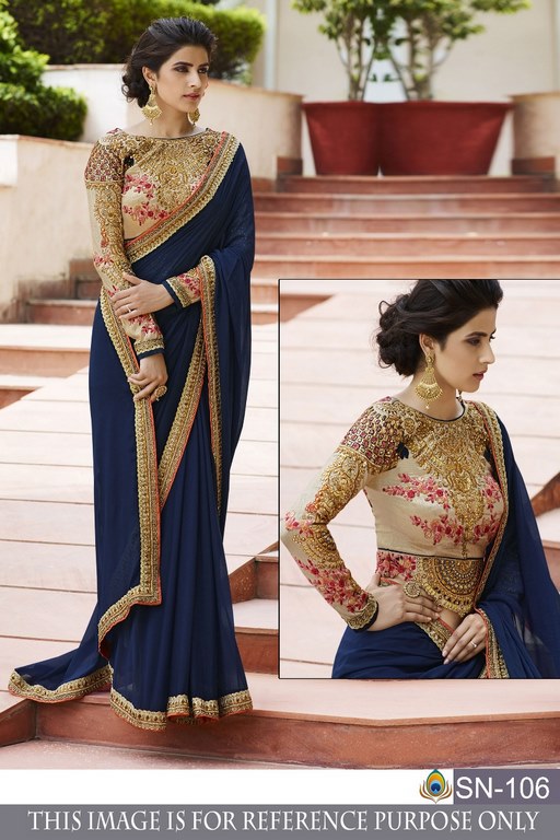 Blue georgette wedding saree with heavy embroidered blouse
