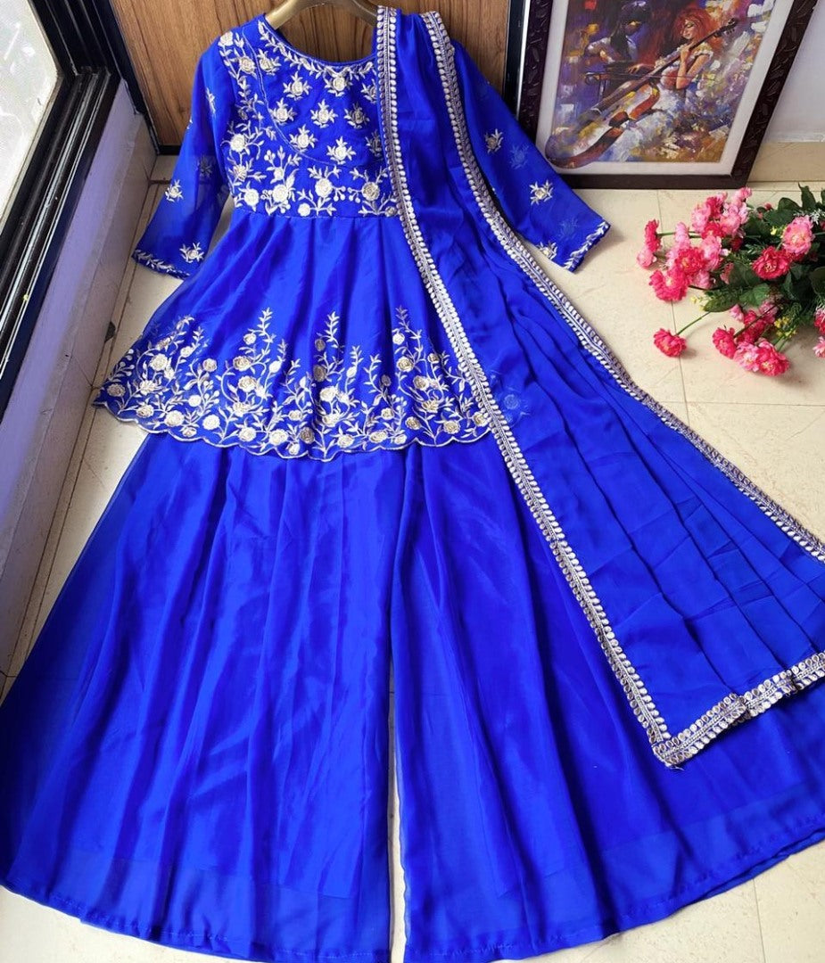 Blue georgette zari embroidered work plazzo suit