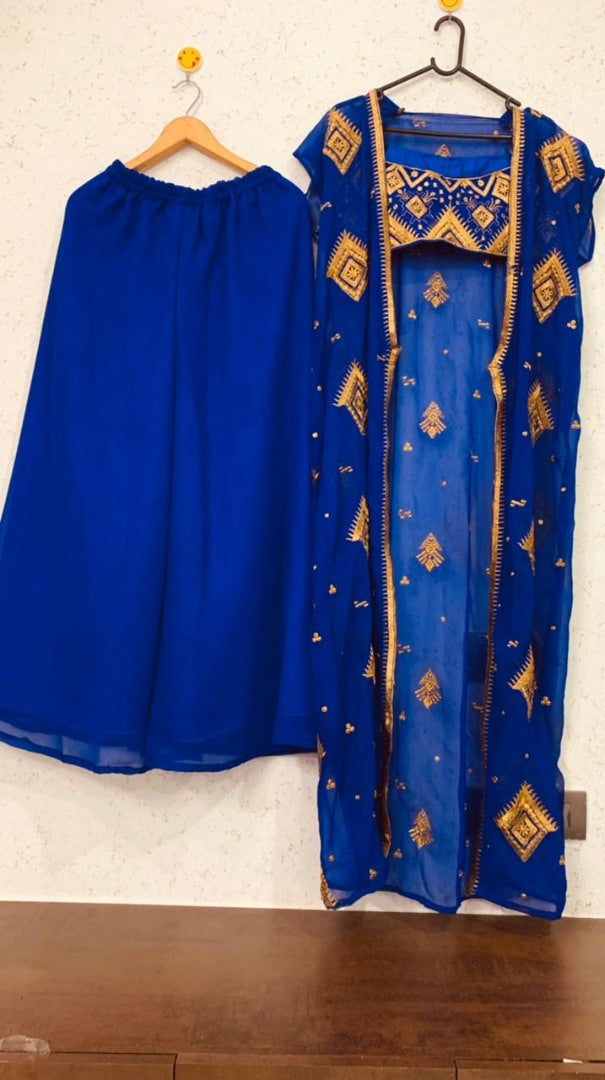 Blue georgette zari embroidered work plazzo suit
