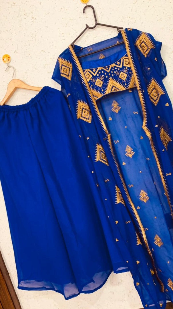 Blue georgette zari embroidered work plazzo suit