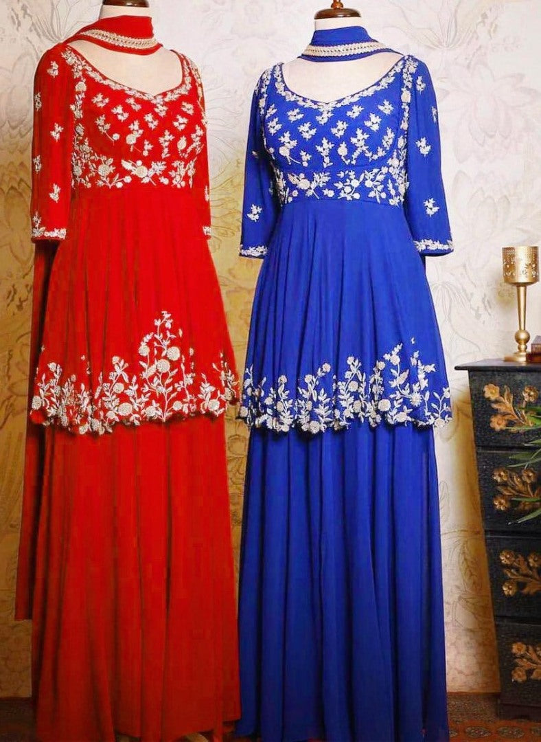 Red georgette zari embroidered work plazzo suit