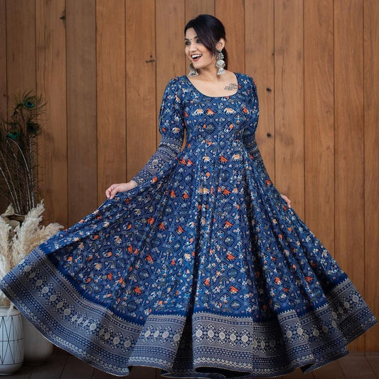 Blue gota zari printed long gown