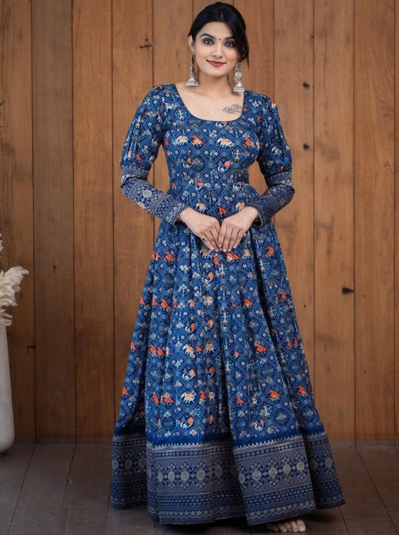Blue gota zari printed long gown