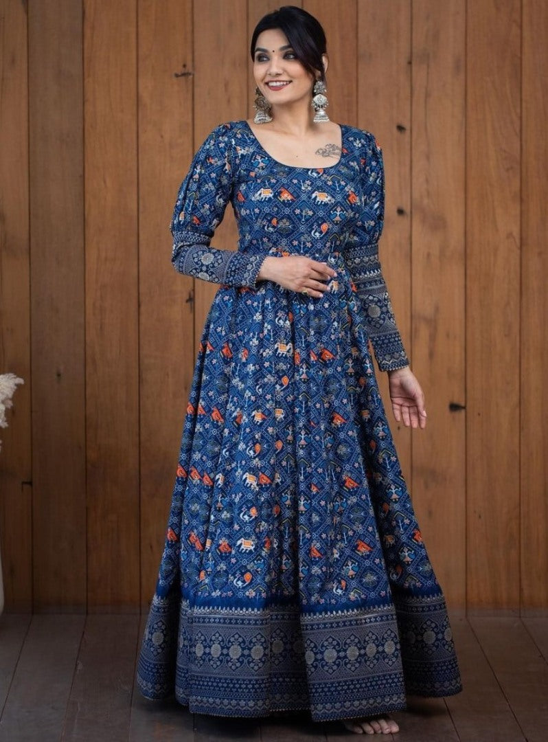 Blue gota zari printed long gown