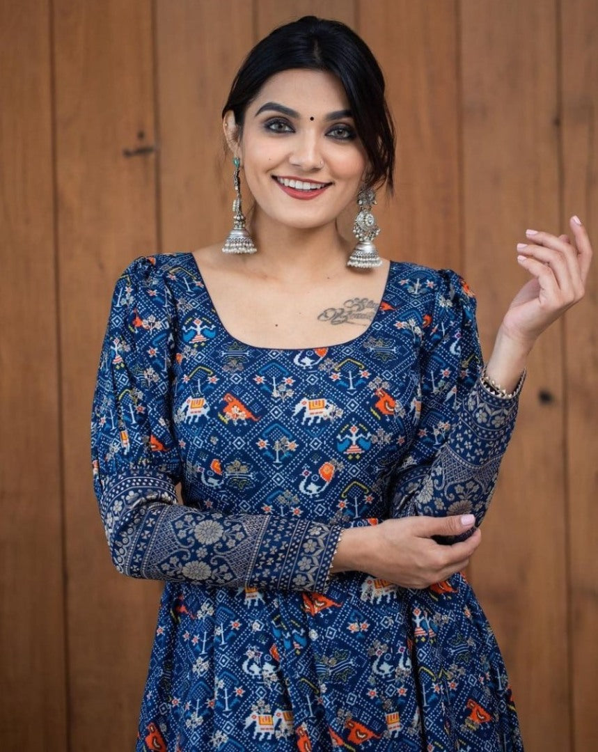 Blue gota zari printed long gown