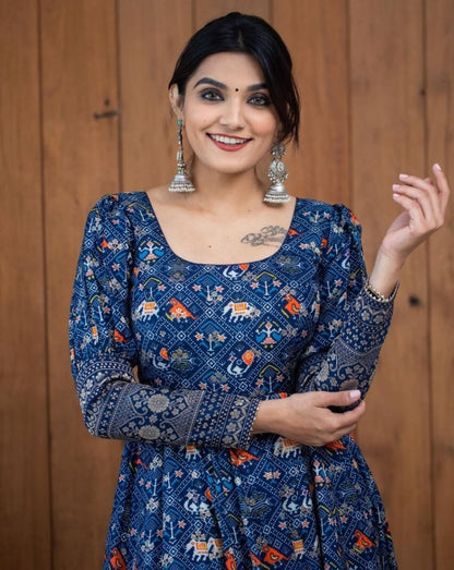 Blue gota zari printed long gown