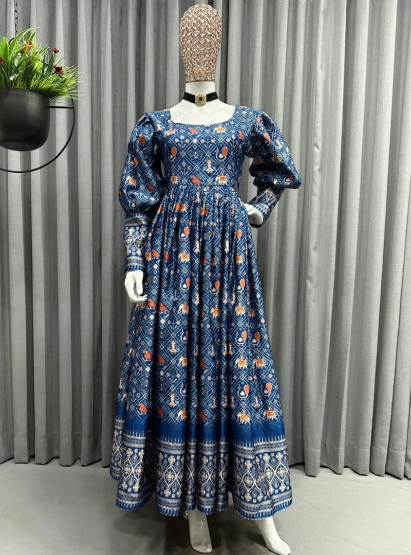 Blue gota zari printed long gown