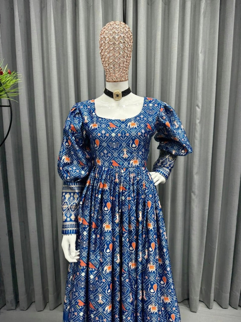 Blue gota zari printed long gown