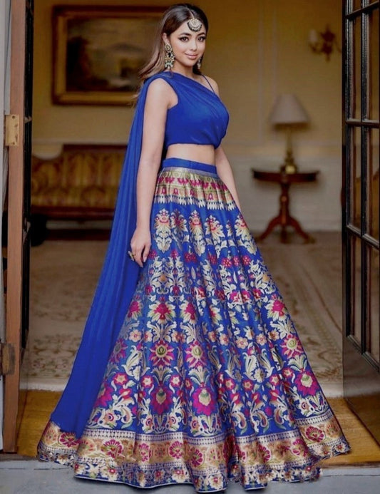 Blue gotta satin digital printed lehenga choli