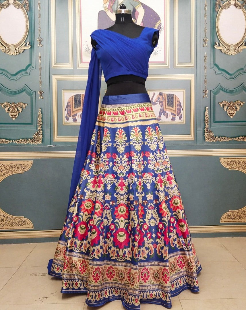 Blue gotta satin digital printed lehenga choli