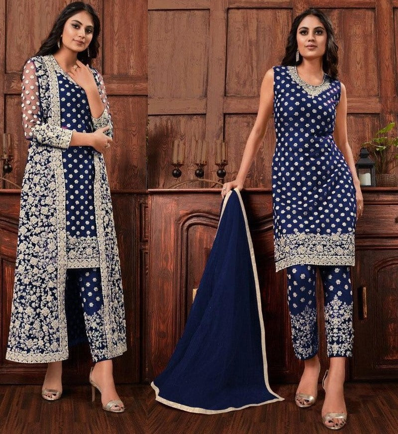 Blue harvey vaishnavi net with heavy embroidered salwar suit with koti