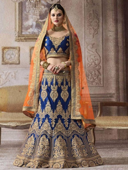 Blue heavy banglori satin silk fancy threadworked bridal lehenga