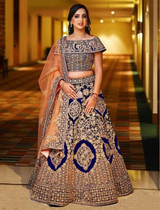 blue heavy banglori satin silk heavy embroidered bridal lehenga