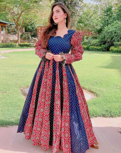 Blue heavy butter silk digital printed party wear gown