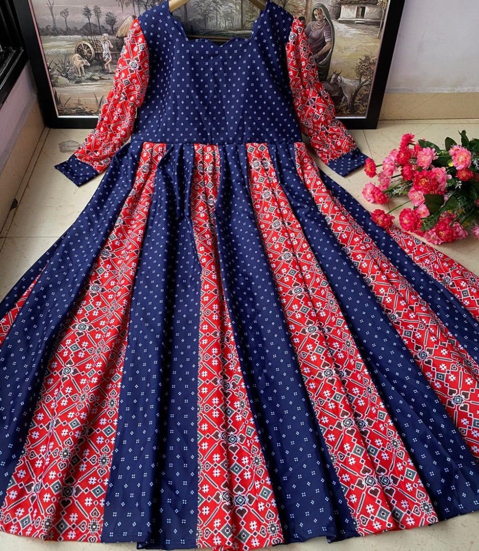 Blue heavy butter silk digital printed party wear gown