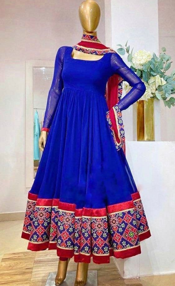 Blue heavy georgette digital printed work ceremonial wear gown with dupatta