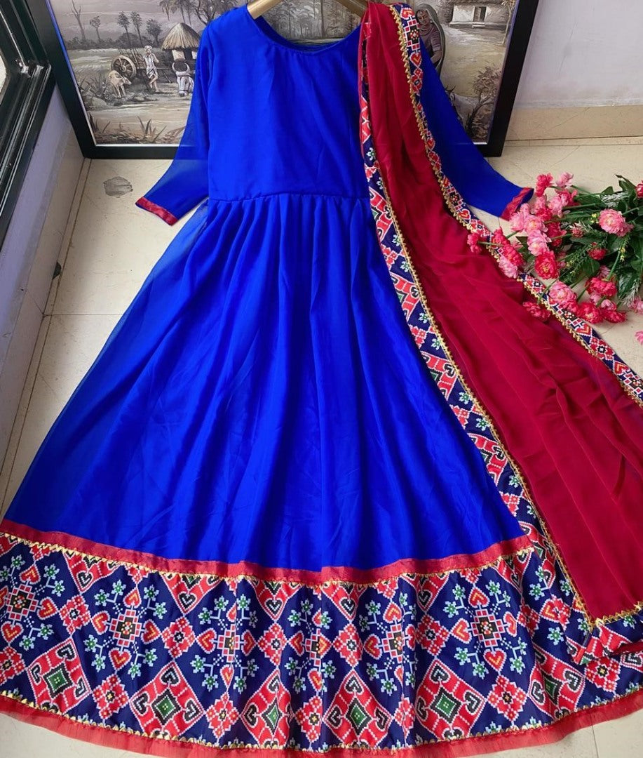 Blue heavy georgette digital printed work ceremonial wear gown with dupatta