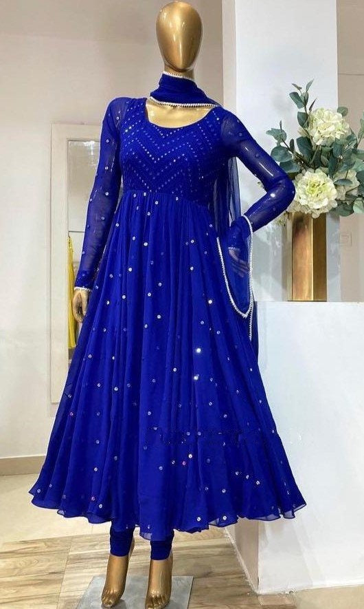 Blue heavy georgette fully embroidered work occasional wear gown
