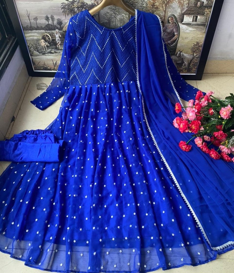 Blue heavy georgette fully embroidered work occasional wear gown