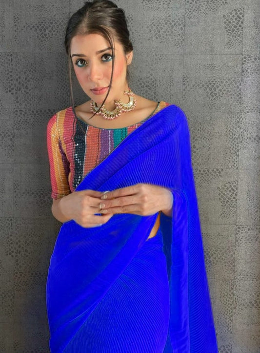 Blue heavy georgette pattern work fancy saree