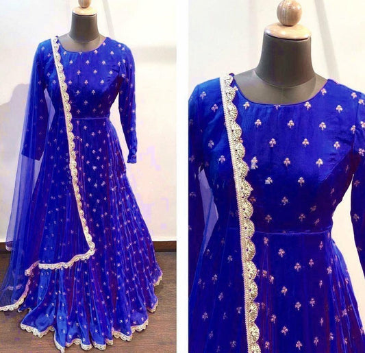 Blue heavy georgette with embroidered work party wear gown