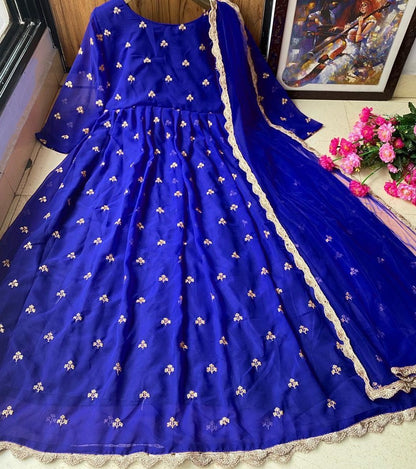 Blue heavy georgette with embroidered work party wear gown