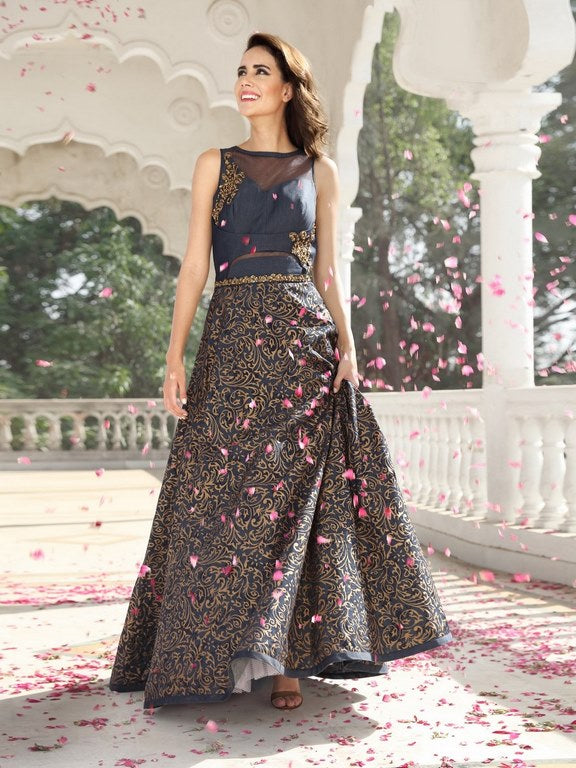 Blue heavy jacquard and hand work designer gown